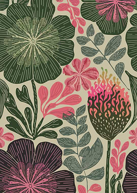 Floral Pattern with Green and Pink