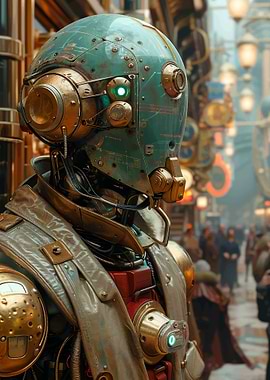 Steampunk Robot in City