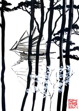 Ink Painting of Trees and Boat