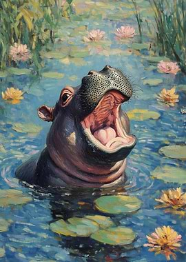 Hippopotamus in Water Lilies