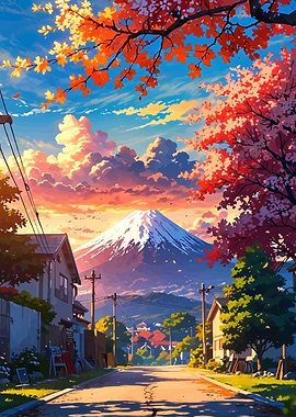 Black Cat Mount Fuji' Poster, picture, metal print, paint by