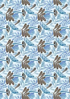 Folk Blue Floral and Mushroom