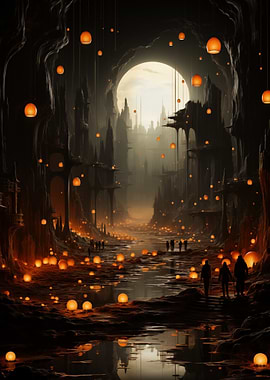 Floating Lanterns in a Cave City