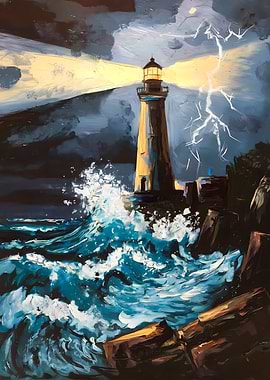 Rough Oil Painting of a Lighthouse in Storm