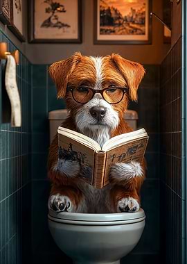Dog Reading on Toilet