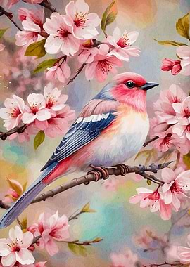 Bird on Cherry Blossom Branch