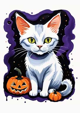 Halloween Cat with Pumpkins