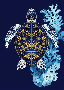 Sea Turtle with Floral Coral