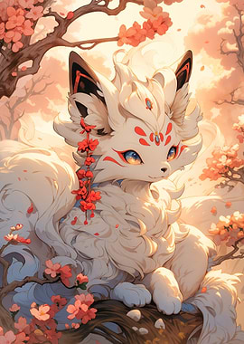 White Fox with Cherry Blossoms