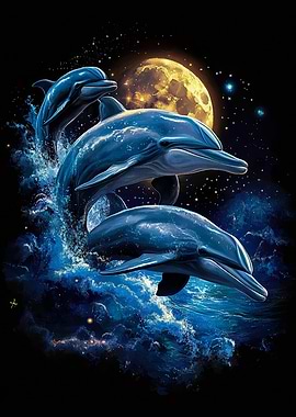 Dolphins Under the Moon