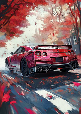 Red Nissan GT-R in Autumn