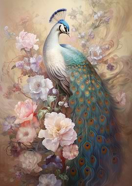 Peacock and Flowers Painting