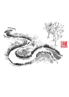 Ink Wash River Landscape