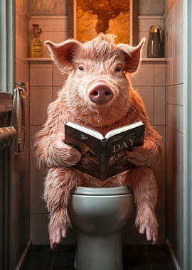 Pig Reading on Toilet