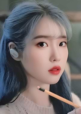 IU with Blue Hair and Earbuds