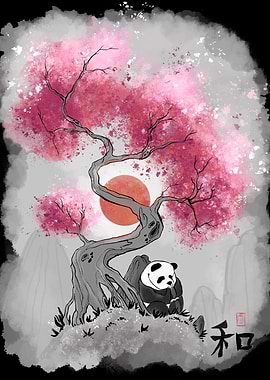 Panda Under Cherry Blossom