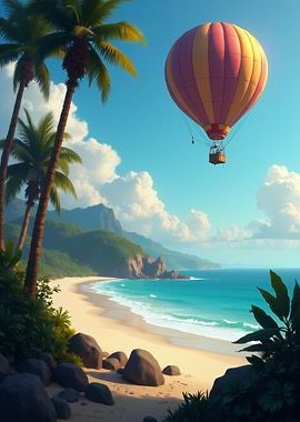 Hot Air Balloon Over Tropical Beach