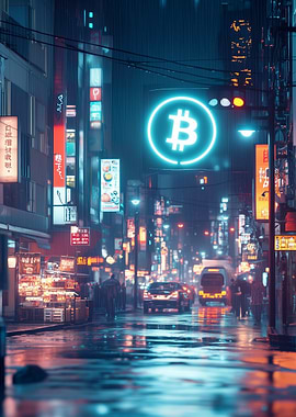Bitcoin Neon Sign Cityscape