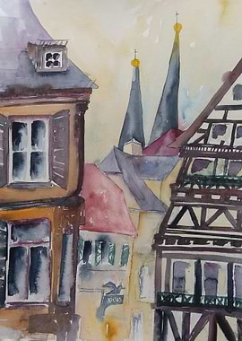 Watercolor German Cityscape