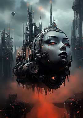 Apocalyptic Cityscape with Female Head