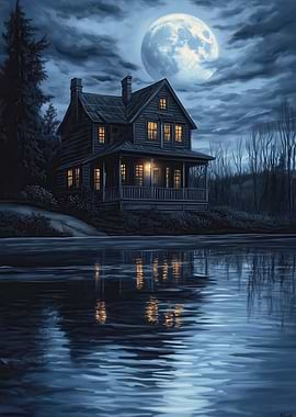 Moonlight House by the Lake