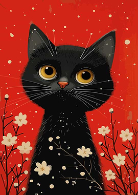 Black Cat with Flowers