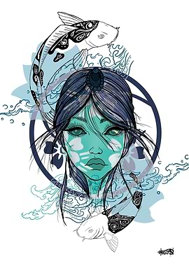 Koi Fish and Anime Woman