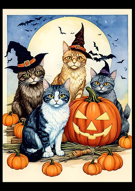 Halloween Cats with Pumpkins