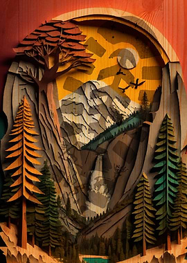 Woodcut Mountain Landscape