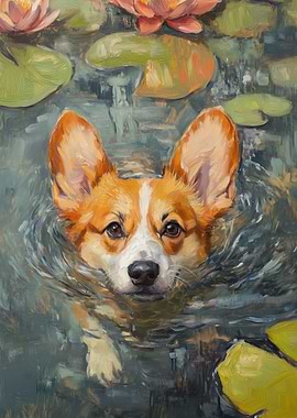 Corgi Swimming in Pond