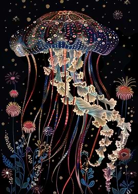 Patchwork Jellyfish with Floral Motifs Folk Art