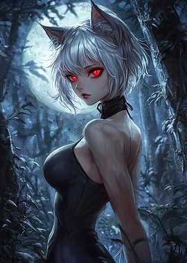 White-Haired Anime Girl with Cat Ears