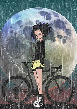 Anime Girl with Bike in Rain