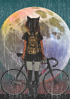 Girl with Bike Under Moon