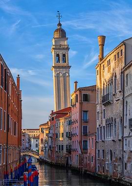 Venice Canal With Leaning Tower