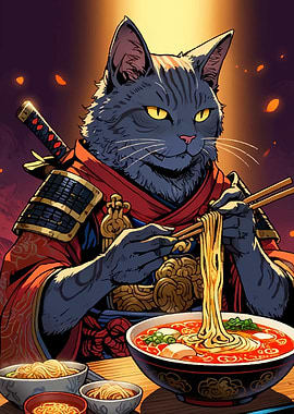 Samurai Cat Eating Ramen