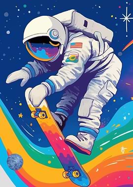 Astronaut Skateboarding in Space
