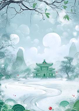 Chinese Temple Winter Landscape