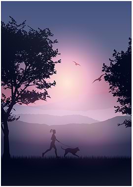 Silhouette of Woman Running with Dog
