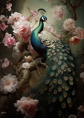 Peacock and Flowers art