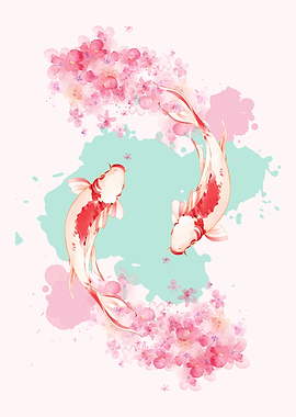 Watercolor Pink Japanese Koi Fish