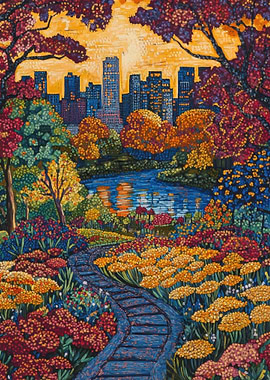 Cityscape Park Painting, Autumn Season Trees Florals Garden Pathway, City Buildings