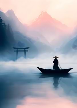 Lone Man on Japanese Mountain Lake