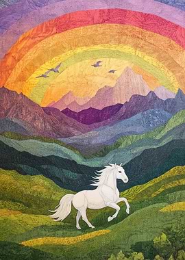 Unicorn in Rainbow Mountains, White Horse, Vibrant Mountains