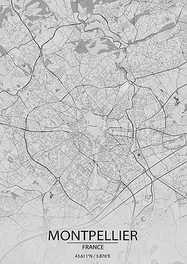 Montpellier France Light Grey City Map