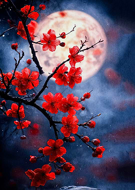 Red Blossoms Full Moon
