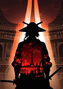 Samurai Silhouette with Paris Skyline