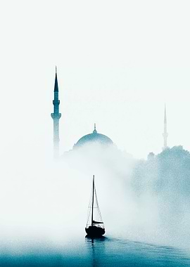 Sailboat in Foggy Cityscape