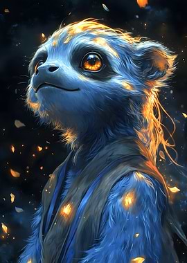 Blue Furry Sloth Creature with Fire