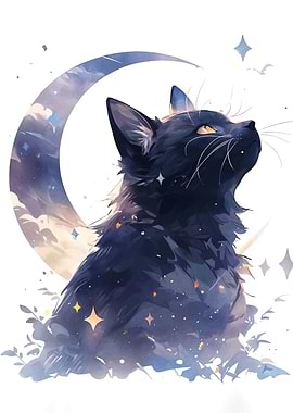 Black Cat Under Crescent Moon